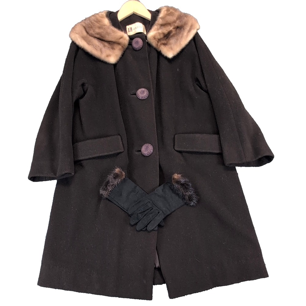 Vintage 1960's Lasalle's Dark Brown Coat Fur Collar Original w/Gloves